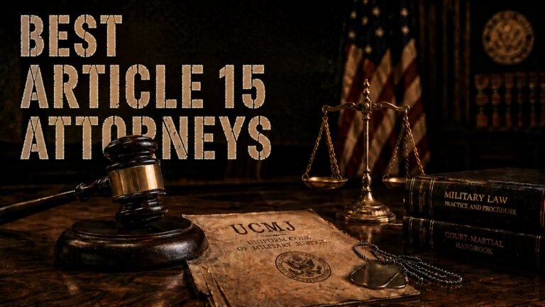 Best Article 15 attorneys hero image with a gavel, military paperwork and dog tags in a courtroom setting