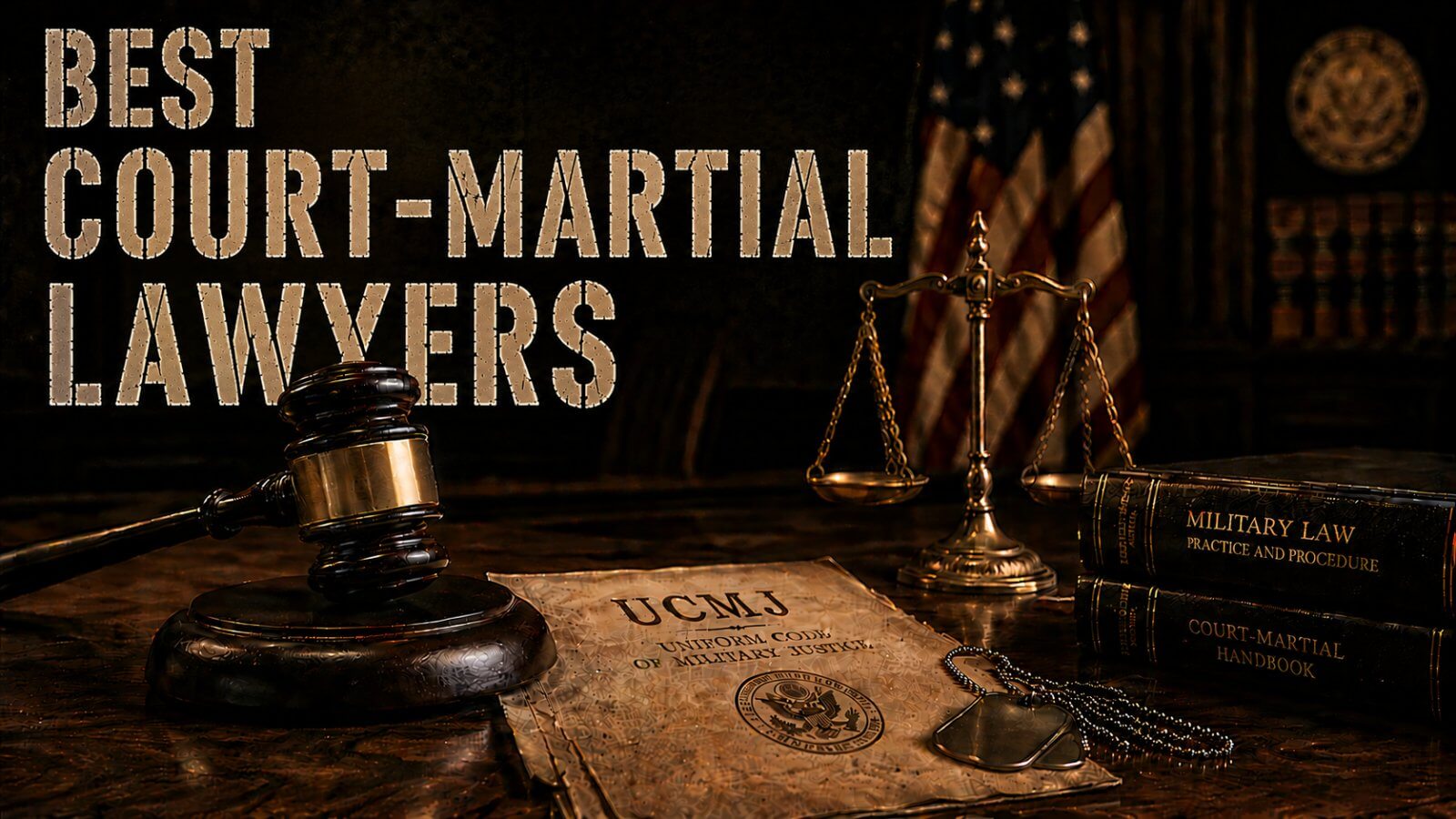 Best court martial lawyers hero image with a gavel, American flag and military dog tags in a courtroom setting