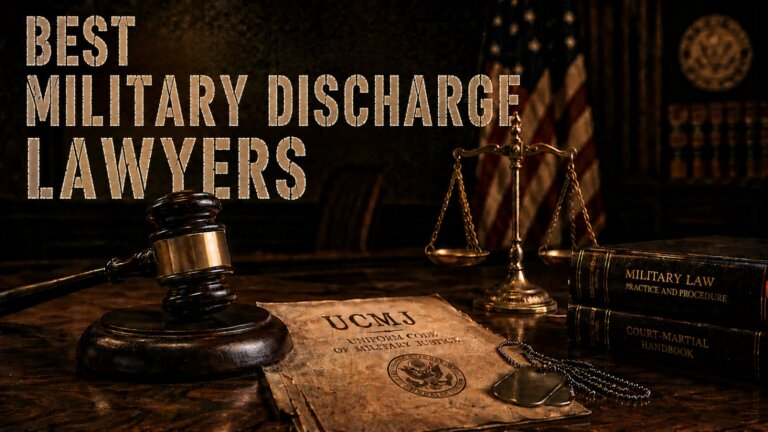 Best military discharge lawyers hero image with a gavel, discharge paperwork and dog tags on a desk
