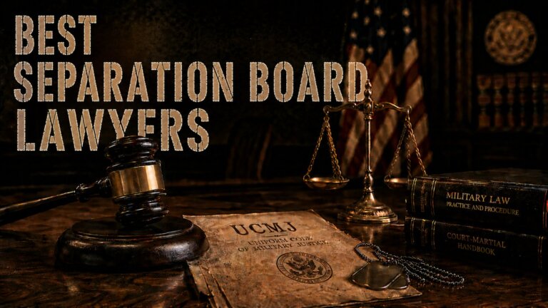 Best separation board lawyers hero image with a gavel, military records and dog tags on a desk
