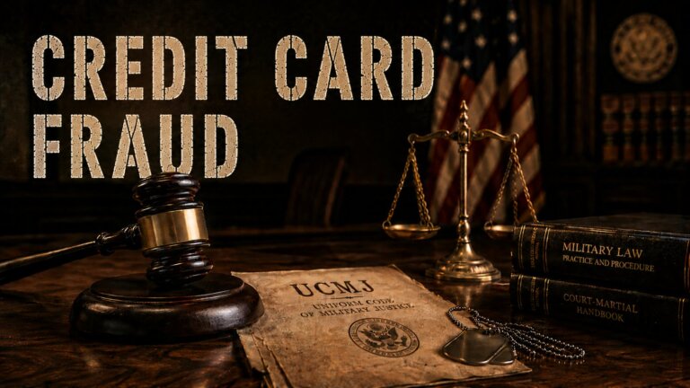 UCMJ Article 121a fraudulent use of credit cards hero image with a gavel and dog tags on a UCMJ document