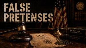 UCMJ Article 121b false pretenses to obtain services hero image with a gavel and dog tags on a military legal document