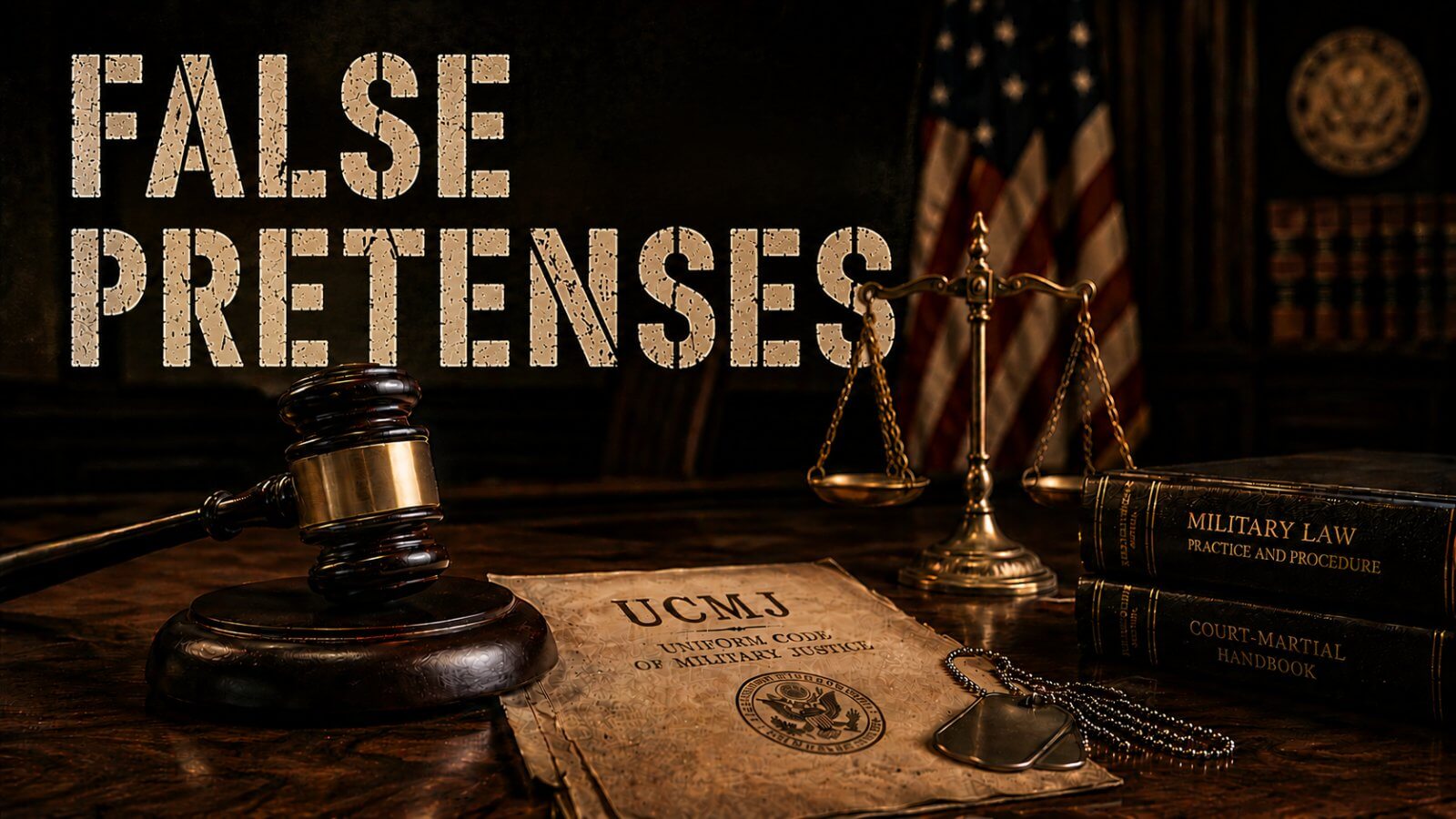 UCMJ Article 121b false pretenses to obtain services hero image with a gavel and dog tags on a military legal document