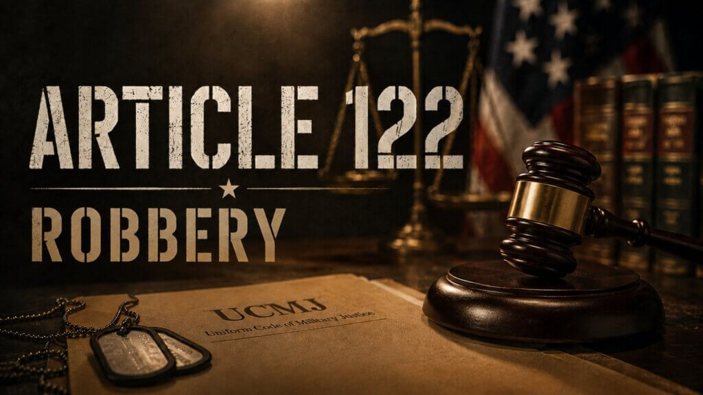 UCMJ Article 122 robbery hero image with a gavel and military dog tags on a Uniform Code of Military Justice document