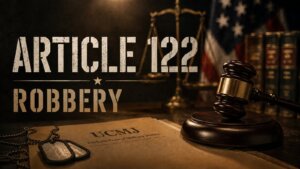 UCMJ Article 122 robbery hero image with a gavel and military dog tags on a Uniform Code of Military Justice document