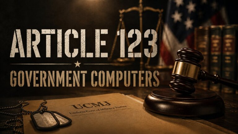 UCMJ Article 123 offenses concerning government computers hero image with a gavel, keyboard and military insignia