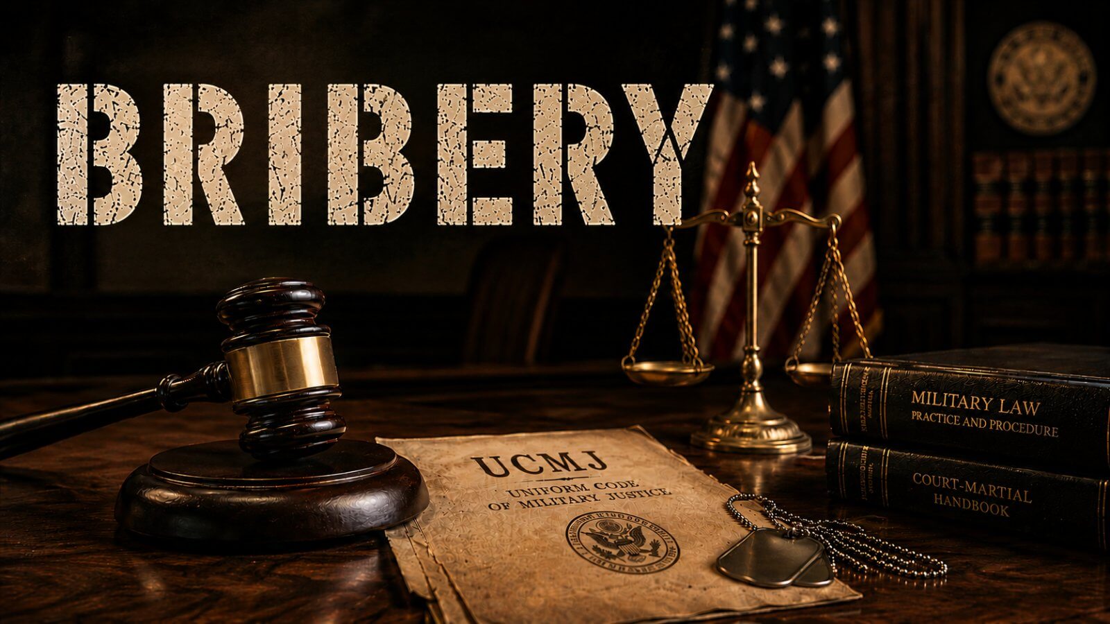UCMJ Article 124a bribery hero image with a gavel and dog tags on a Uniform Code of Military Justice document