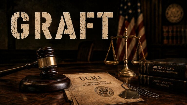 UCMJ Article 124b graft hero image with a gavel and military dog tags on a military justice document