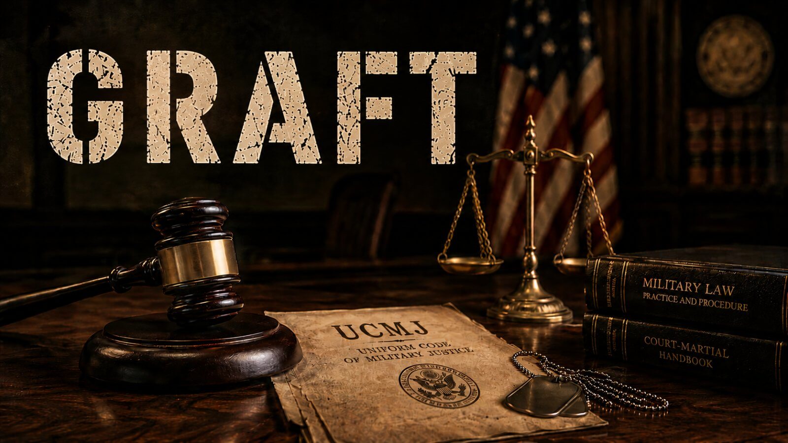 UCMJ Article 124b graft hero image with a gavel and military dog tags on a military justice document