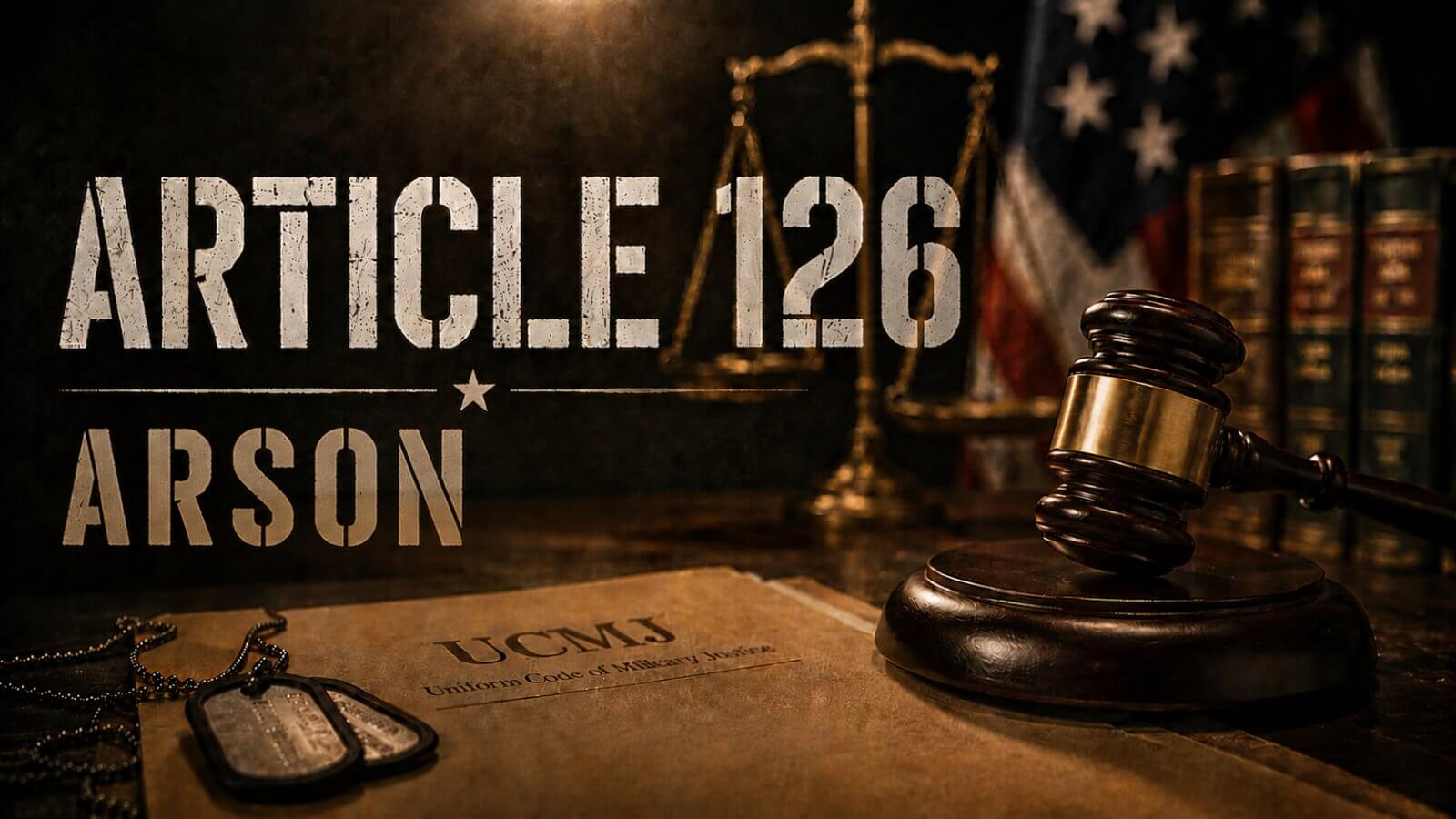 UCMJ Article 126 arson hero image with a gavel, American flag and dog tags on a UCMJ document
