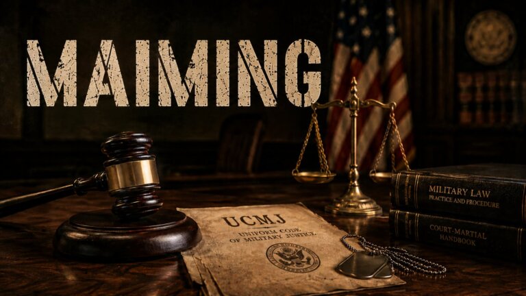 UCMJ Article 128a maiming hero image with a gavel and military dog tags on a Uniform Code of Military Justice document