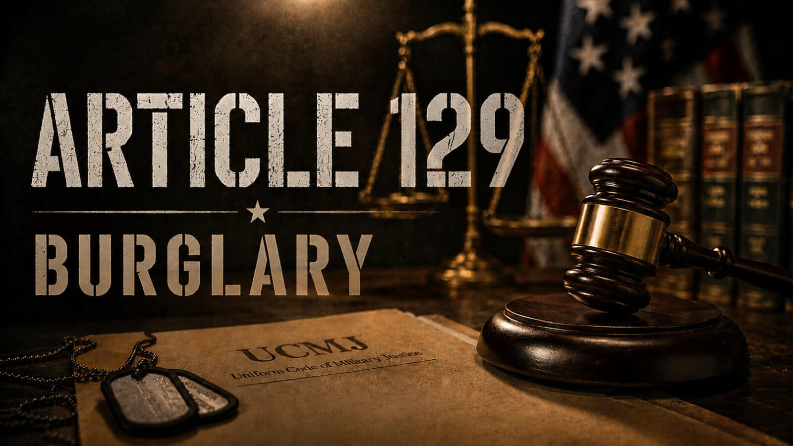 UCMJ Article 129 burglary and unlawful entry hero image with a gavel and dog tags on a military justice document