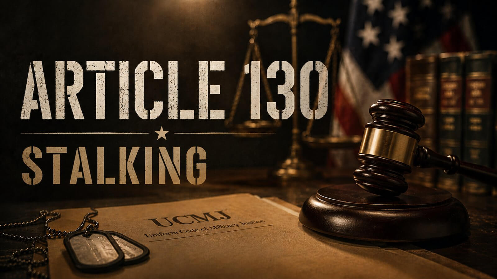 UCMJ Article 130 stalking hero image with a gavel, American flag and dog tags on a military justice document