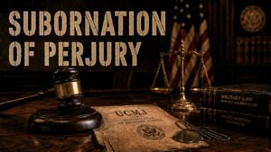 UCMJ Article 131a subornation of perjury hero image with a gavel and military dog tags on a military justice document