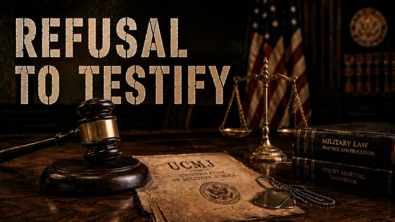 UCMJ Article 131d wrongful refusal to testify hero image with a gavel and dog tags in a military courtroom
