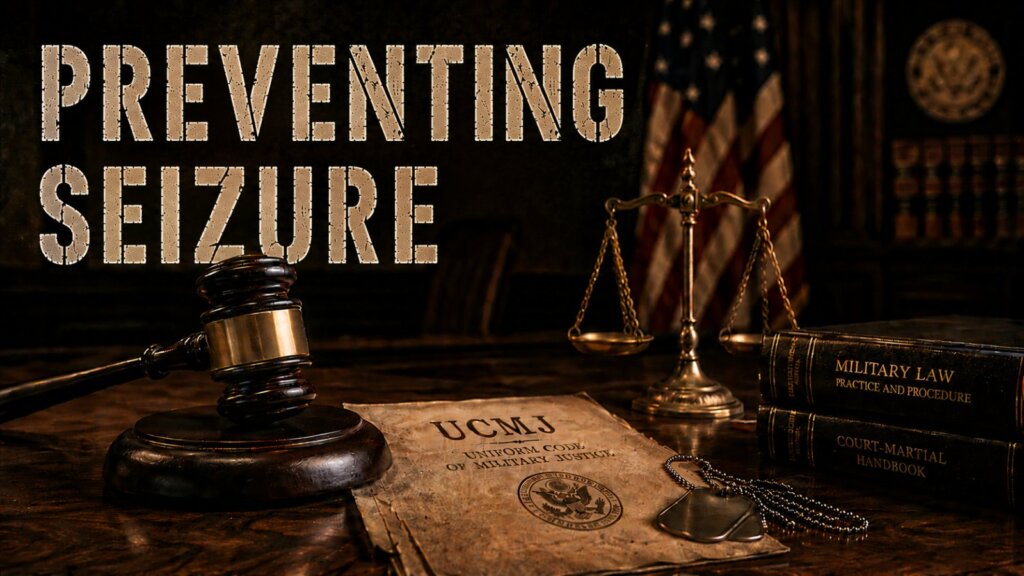 UCMJ Article 131e prevention of authorized seizure of property hero image with a gavel and dog tags on a UCMJ document