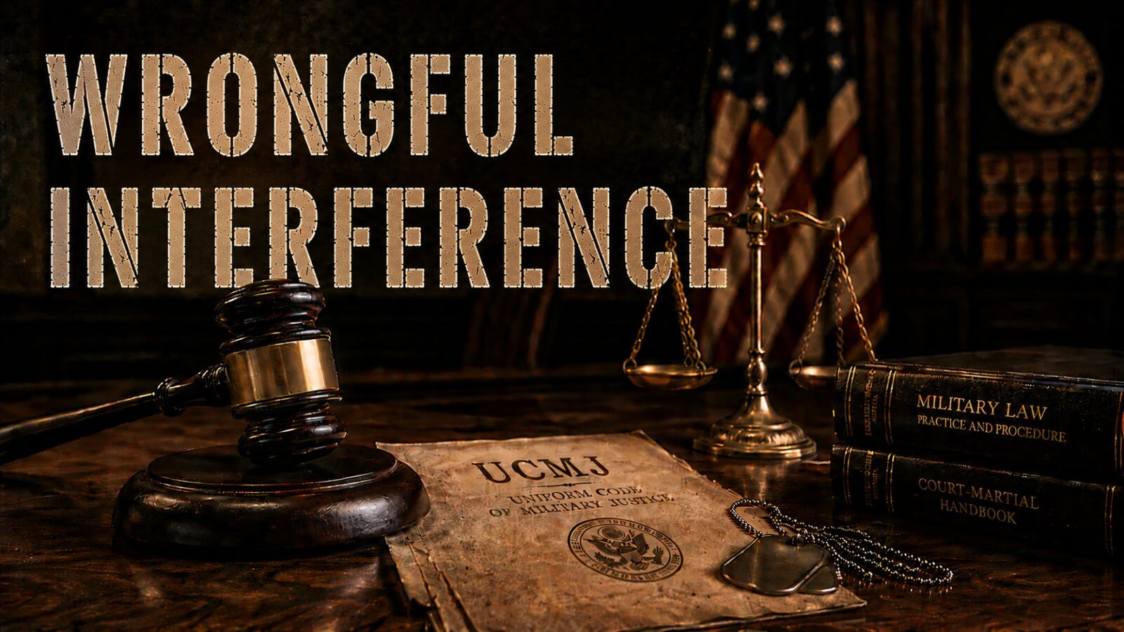 UCMJ Article 131g wrongful interference with an adverse administrative proceeding hero image with a gavel and dog tags