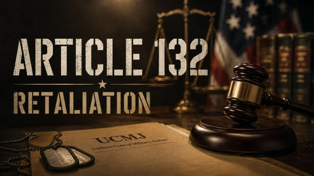 UCMJ Article 132 retaliation hero image showing a gavel, American flag, and military dog tags resting on a Uniform Code of Military Justice document