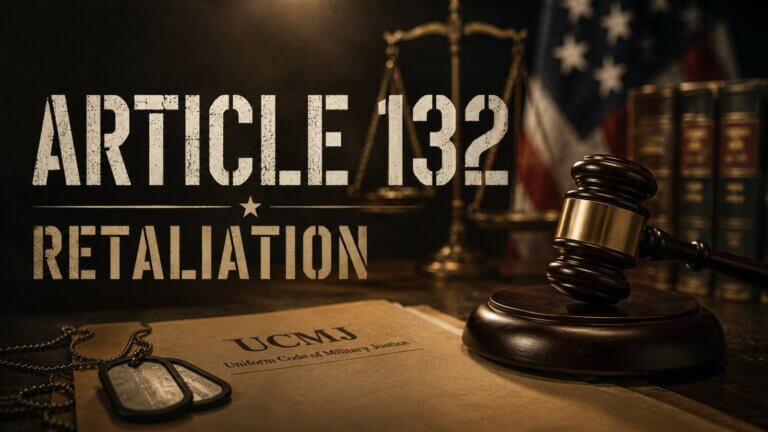 UCMJ Article 132 retaliation hero image showing a gavel, American flag, and military dog tags resting on a Uniform Code of Military Justice document