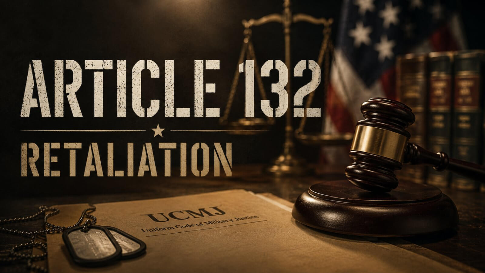 UCMJ Article 132 retaliation hero image showing a gavel, American flag, and military dog tags resting on a Uniform Code of Military Justice document