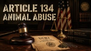 UCMJ Article 134 animal abuse hero image with a gavel and military dog tags on a Uniform Code of Military Justice document