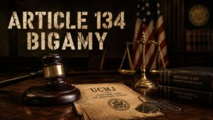 UCMJ Article 134 bigamy hero image with a gavel and dog tags on a military justice document