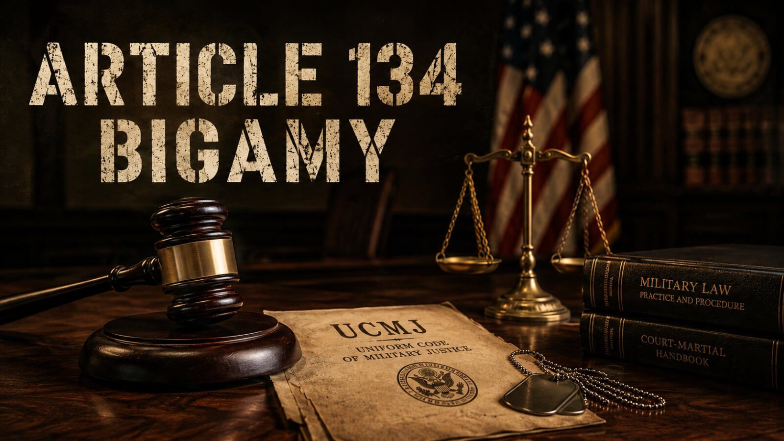 UCMJ Article 134 bigamy hero image with a gavel and dog tags on a military justice document