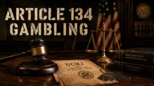 UCMJ Article 134 gambling with a subordinate hero image with a gavel and military dog tags on a UCMJ document