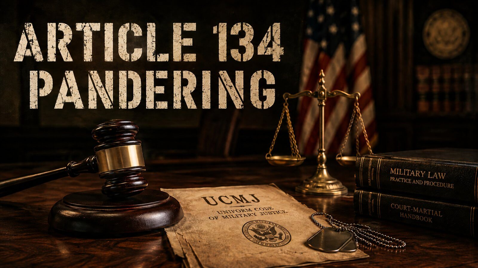 UCMJ Article 134 pandering and prostitution hero image with a gavel and dog tags on a military justice document