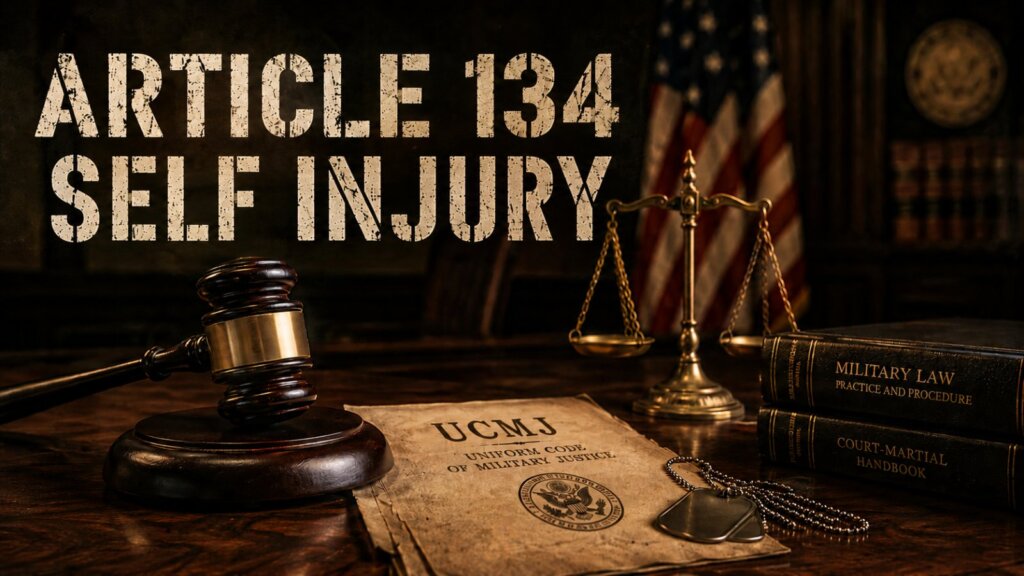 UCMJ Article 134 self injury without intent to avoid service hero image with a gavel and dog tags on a UCMJ document