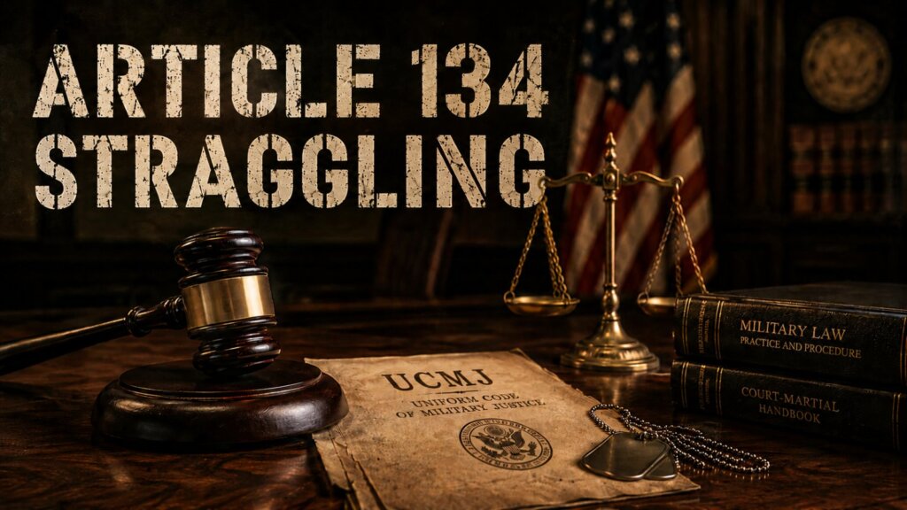UCMJ Article 134 straggling hero image with a gavel and military dog tags on a UCMJ document