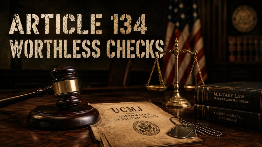 UCMJ Article 134 worthless check offenses hero image with a gavel and dog tags on a UCMJ document