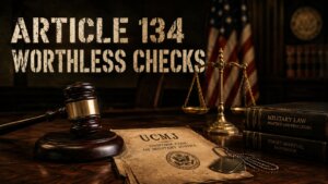 UCMJ Article 134 worthless check offenses hero image with a gavel and dog tags on a UCMJ document